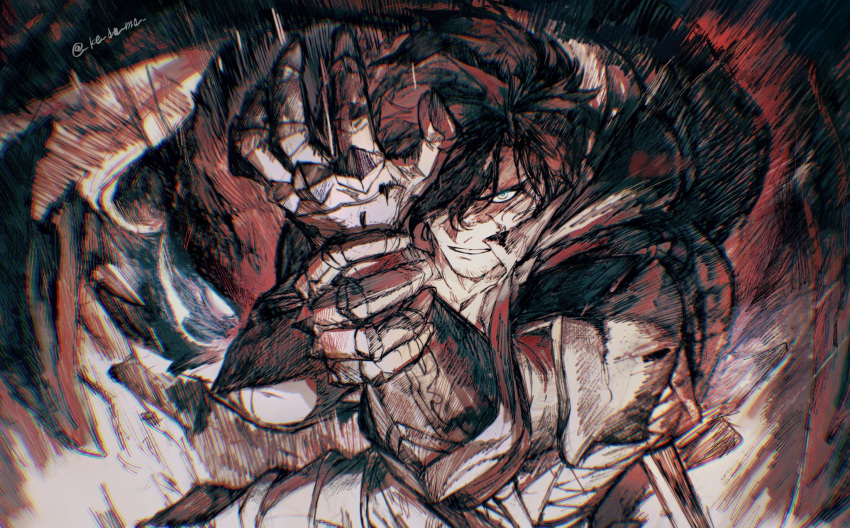 1boy armor black_hair clive_rosfield fighting_stance final_fantasy final_fantasy_xvi furrowed_brow hair_between_eyes hair_over_one_eye highres holding_own_arm male_focus messy_hair metal_gloves parted_lips piyomotsu red_theme scar scar_on_cheek scar_on_face short_hair shoulder_armor solo upper_body
