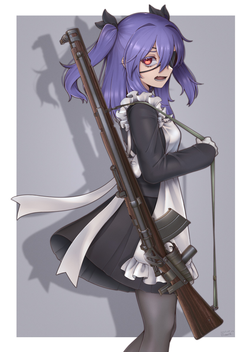 1girl absurdres apron black_ribbon black_shirt black_skirt eyepatch fang frilled_apron frills from_side gloves grey_background grey_pantyhose gun hair_between_eyes hair_ribbon highres holding holding_gun holding_weapon howell_automatic_rifle long_sleeves looking_at_viewer looking_to_the_side open_mouth original pantyhose paravene pleated_skirt purple_hair red_eyes ribbon shadow shirt skirt sleeves_past_wrists solo two-tone_background two_side_up weapon white_apron white_background white_gloves