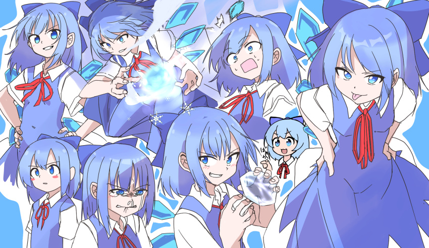 1girl :3 :d :o :p ^^^ blue_background blue_bow blue_dress blue_eyes blue_hair blush blush_stickers bow bowtie chibi cirno collared_shirt constricted_pupils cowboy_shot cropped_torso crying detached_wings dot_nose dress energy_ball expressionless grin hair_between_eyes hair_bow hands_on_own_hips highres holding ice ice_wings large_bow looking_at_viewer looking_to_the_side multiple_views no_nose outline red_bow red_bowtie shinmon_akika shirt short_hair short_sleeves sidelocks smile snowflakes sweat tongue tongue_out touhou v-shaped_eyebrows white_outline white_shirt wing_collar wings