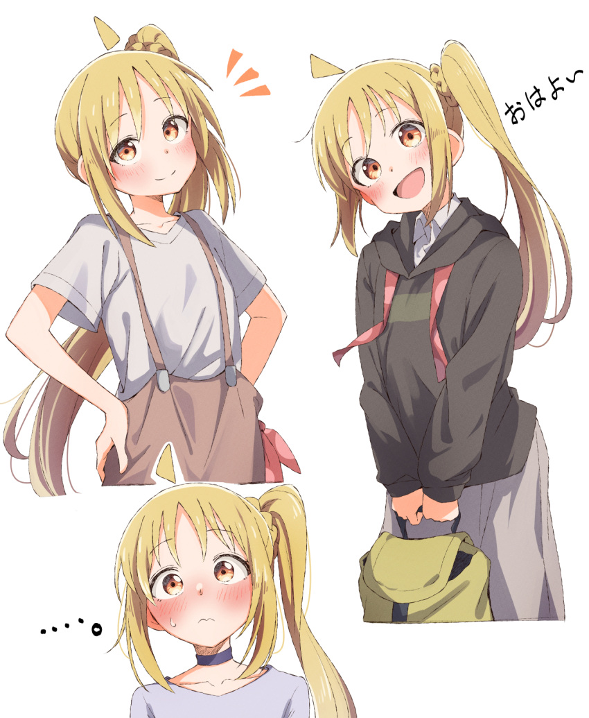 1girl ahoge black_hoodie blonde_hair blush bocchi_the_rock! closed_mouth collarbone commentary_request eito12 highres hood hoodie ijichi_nijika long_hair long_sleeves multiple_views one_side_up open_mouth red_eyes shirt short_sleeves simple_background smile translation_request white_background white_shirt
