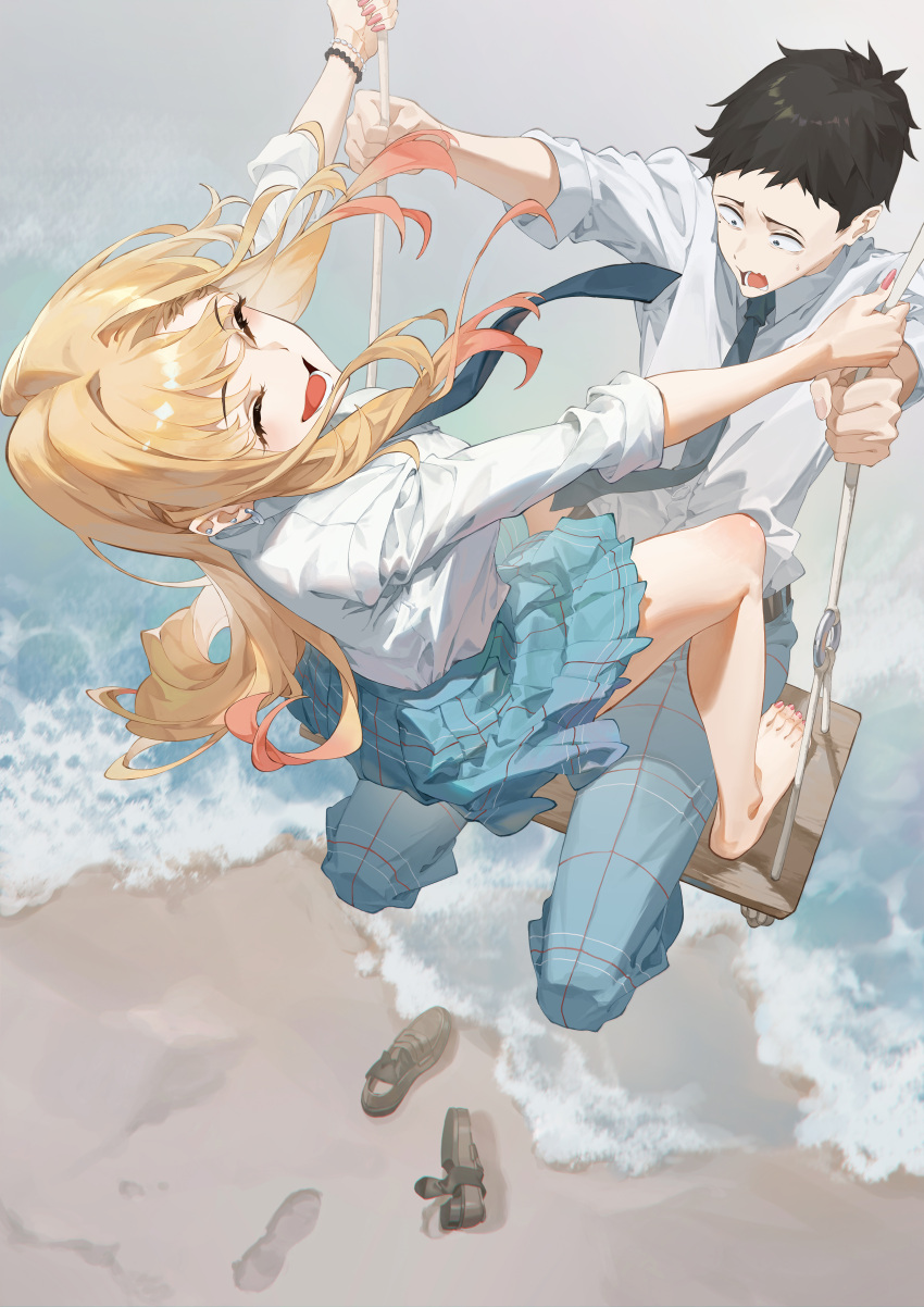 1boy 1girl absurdres barefoot beach black_hair blonde_hair blue_necktie blue_skirt bracelet cheese_kang closed_eyes collared_shirt commentary gojou_wakana happy highres jewelry kitagawa_marin long_hair necktie ocean open_mouth pants scared shirt shoes shoes_removed short_hair skirt sleeves_rolled_up smile sono_bisque_doll_wa_koi_wo_suru swing swinging teeth unfinished white_shirt