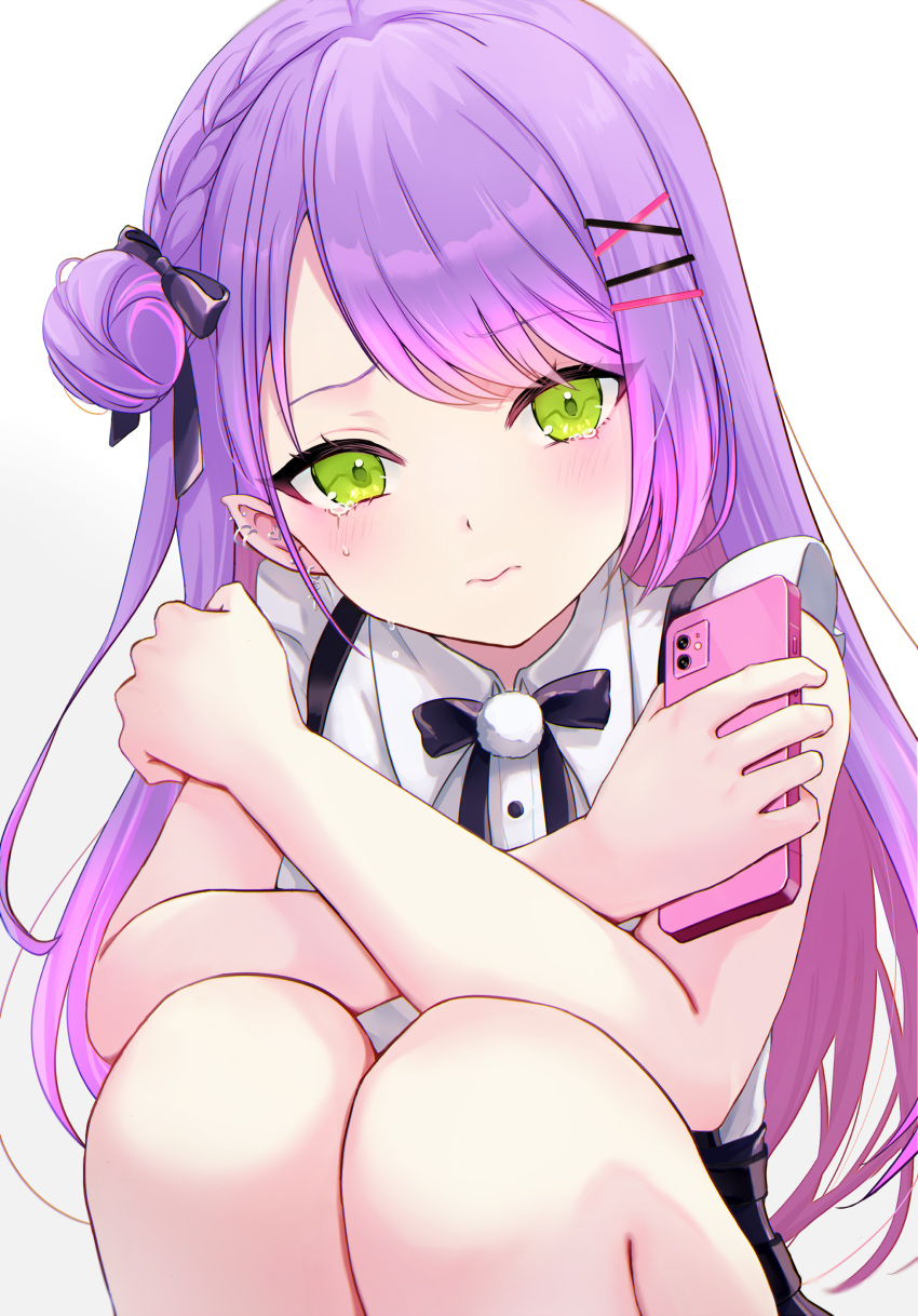 1girl absurdres black_ribbon blush cellphone closed_mouth colored_inner_hair commentary_request ear_piercing green_eyes hair_bun hair_ornament hairclip highres holding holding_phone hololive kudoukudokudo long_hair looking_at_viewer multicolored_hair neck_ribbon partial_commentary phone piercing pink_hair pointy_ears purple_hair ribbon shirt simple_background single_hair_bun sitting sleeveless sleeveless_shirt smartphone solo streaked_hair tearing_up tokoyami_towa virtual_youtuber white_background white_shirt