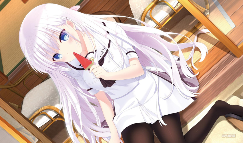 1girl arm_at_side black_pantyhose blue_eyes blush circle_name comiket_102 commentary_request dutch_angle eating eyes_visible_through_hair food hair_between_eyes hair_ornament hairclip hand_up head_tilt highres holding holding_food holding_ice_cream ice_cream indoors long_hair looking_at_viewer miniskirt naruse_shiroha no_shoes otou_(otou_san) pantyhose popsicle puffy_short_sleeves puffy_sleeves sailor_collar sandals sandals_removed school_uniform second-party_source shirt short_sleeves sitting skirt solo spiky_hair summer summer_pockets very_long_hair watermelon_bar white_hair white_sailor_collar white_shirt white_skirt
