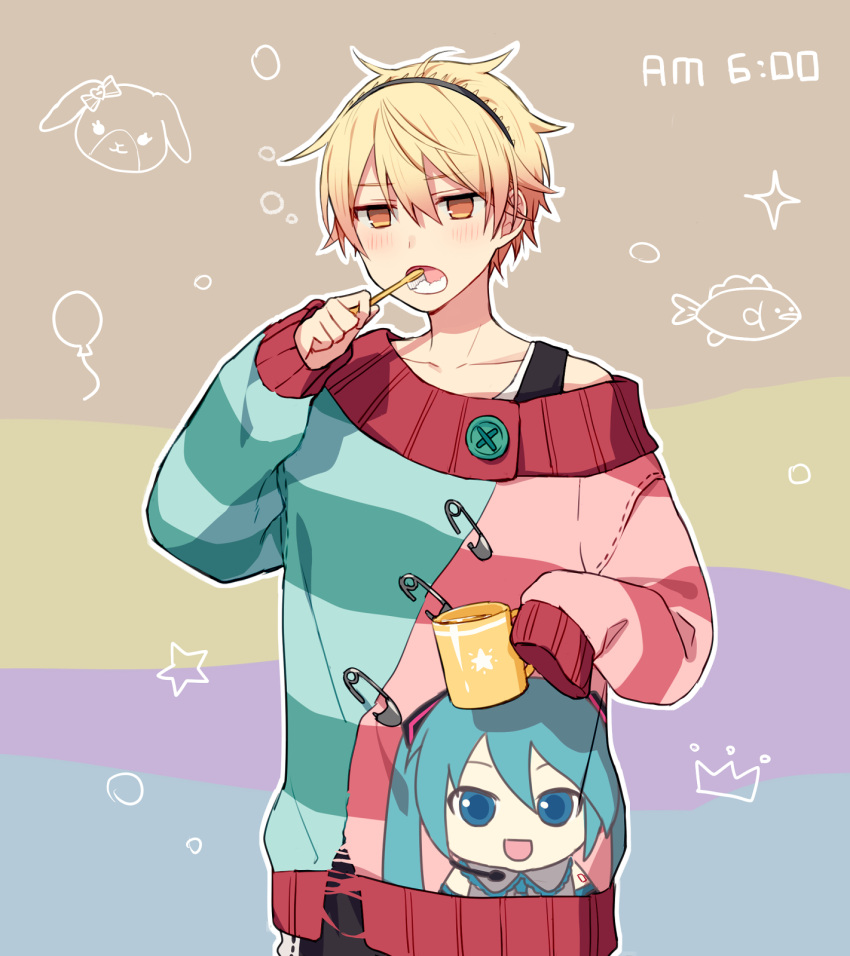 1boy :o aqua_hair aqua_sweater balloon black_hairband black_pants black_tank_top bow brushing_teeth buttons character_print collarbone crown cup double-parted_bangs empty_eyes fish hair_between_eyes hairband hatsune_miku highres holding holding_cup holding_toothbrush large_buttons lavender_background light_brown_background looking_at_viewer male_focus mikudayoo morning mug multicolored_background multicolored_sweater off-shoulder_sweater off_shoulder open_mouth orange_eyes orange_hair pants pink_sweater print_sweater project_sekai safety_pin shachi_(kaisendon) sleeves_past_wrists solo star_(symbol) striped striped_sweater stuffed_animal stuffed_toy sweater tank_top tenma_tsukasa timestamp toothbrush toothbrush_in_mouth torn_sweater upper_body very_long_sleeves vocaloid