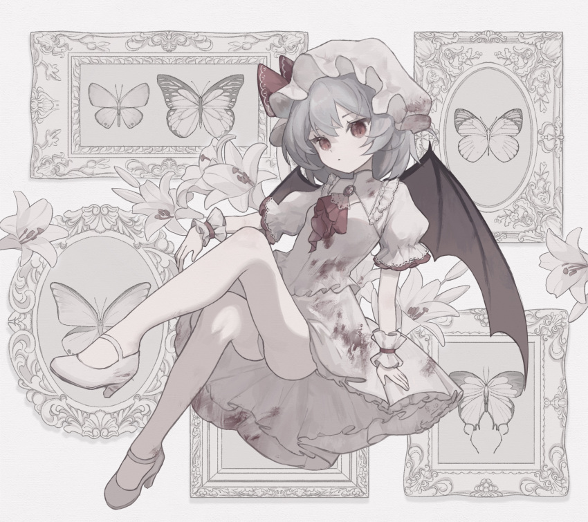 ascot bat_wings blood blood_on_clothes bug butterfly dress expressionless flower framed full_body hat highres legs lily_(flower) mary_janes mob_cap panties pantyshot petticoat puffy_short_sleeves puffy_sleeves rcs_4 red_ascot red_eyes remilia_scarlet shoes short_hair short_sleeves sitting touhou underwear white_dress white_footwear white_headwear wings wrist_cuffs
