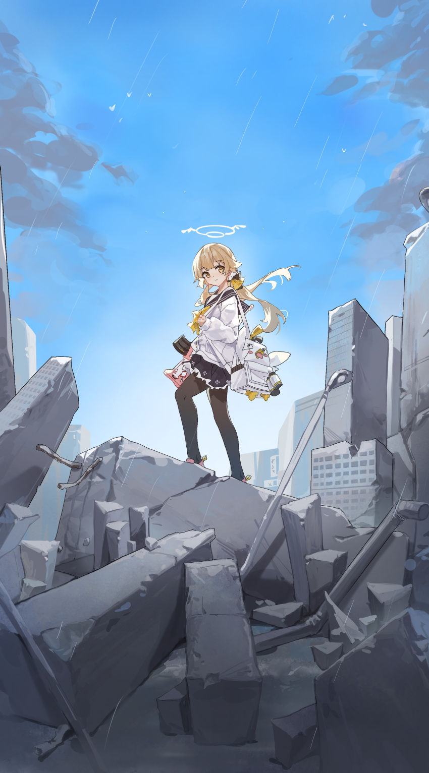 1girl absurdres assault_rifle backpack bag black_pantyhose blue_archive blue_sky brown_eyes brown_hair building bullpup clouds cloudy_sky commentary_request gun hair_between_eyes halo hifumi_(blue_archive) highres l85 long_hair long_sleeves looking_at_viewer low_twintails outdoors pantyhose peroro_(blue_archive) pleated_skirt rifle rubble school_uniform sentter serafuku shoes sidelocks skirt sky skyline skyscraper smile sneakers solo standing twintails weapon wind wing_hair_ornament