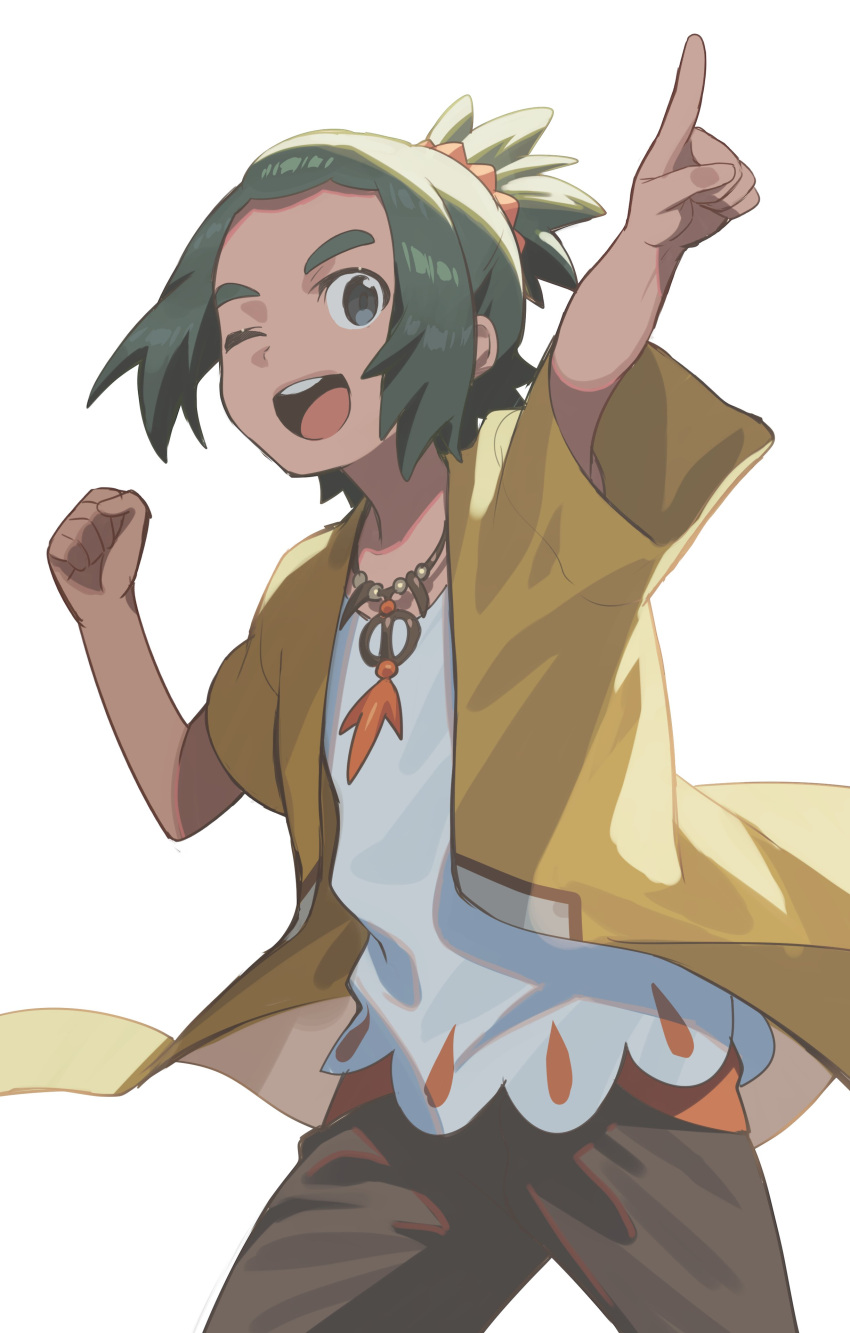 1boy absurdres bin_(bottle_crown) coat cowboy_shot dark-skinned_male dark_skin green_hair hau_(pokemon) hau_(sygna_suit)_(pokemon) highres jewelry male_focus necklace official_alternate_costume one_eye_closed open_clothes open_coat open_mouth pointing pokemon pokemon_(game) pokemon_masters_ex shirt simple_background solo white_background white_shirt yellow_coat