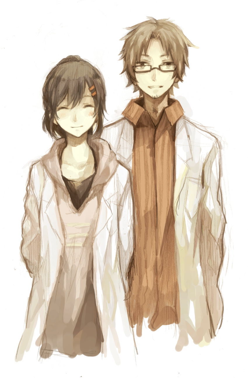 1boy 1girl ^_^ black_hair black_shirt breast_pocket brown-framed_eyewear brown_eyes brown_hair closed_eyes closed_mouth collared_shirt commentary_request couple crimsonseed cropped_torso facial_hair facing_viewer glasses hair_ornament hairclip highres hood hood_down hoodie husband_and_wife kagerou_project lab_coat lapels long_sleeves looking_at_viewer multiple_boys muted_color notched_lapels open_clothes open_collar open_mouth pink_hoodie pocket ponytail rectangular_eyewear red_shirt semi-rimless_eyewear shirt short_hair sketch smile straight-on striped striped_shirt stubble tateyama_ayaka tateyama_kenjirou teeth under-rim_eyewear upper_body vertical-striped_shirt vertical_stripes white_background