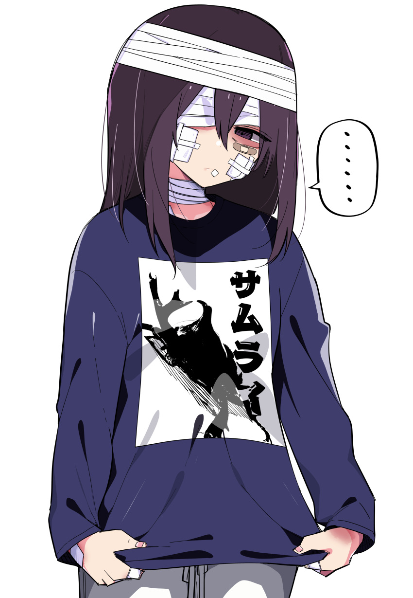 ... 1girl absurdres bandage_over_one_eye bandaged_head bandaged_neck bandages bandaid bandaid_on_cheek bandaid_on_face bandaid_on_hand black_hair bruise bruised_eye closed_mouth decal hair_between_eyes highres injury kuga_tsuniya long_hair long_sleeves looking_at_viewer original pants rhinoceros_beetle shirt simple_background solo speech_bubble white_background