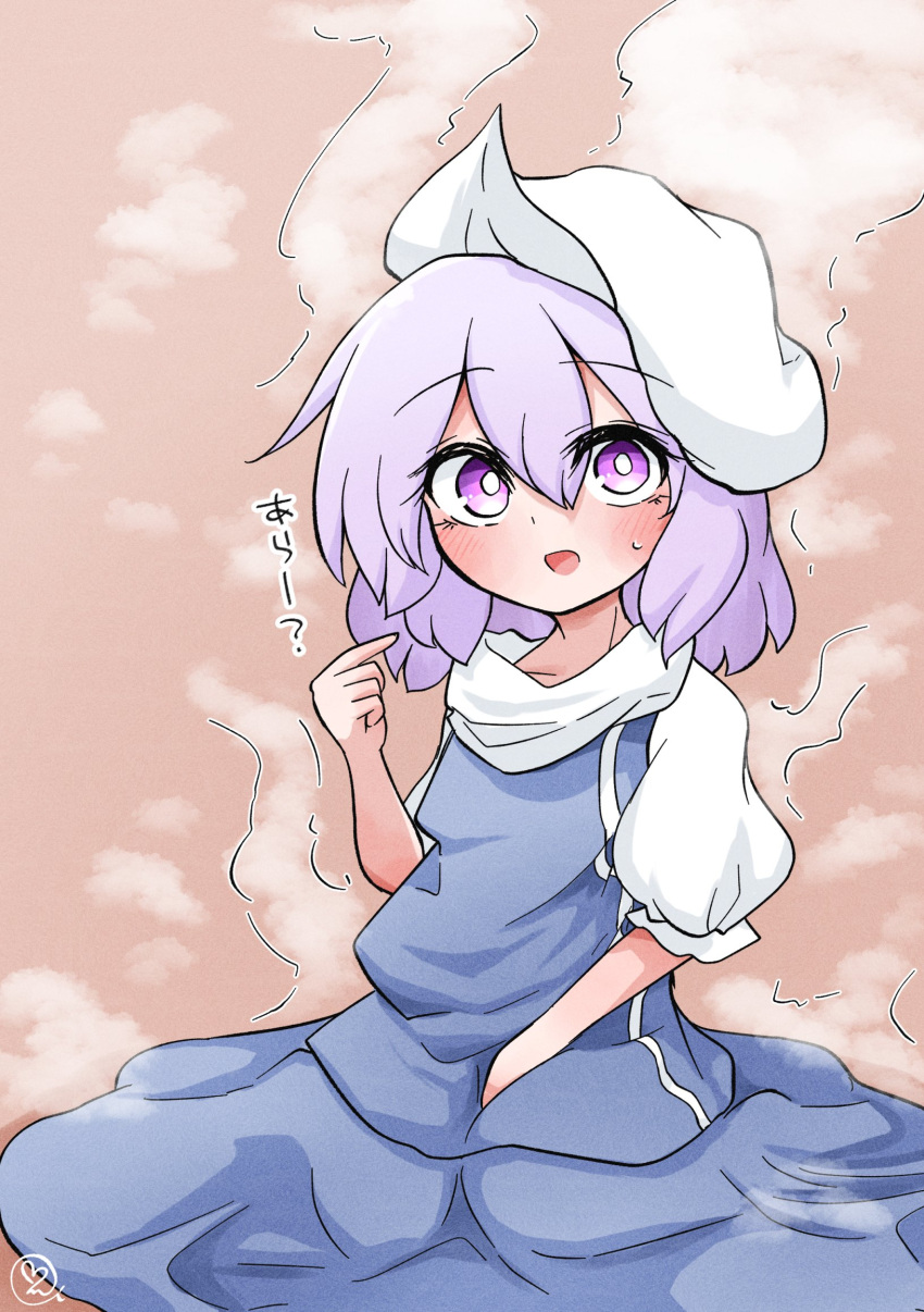 1girl blue_shirt blue_skirt blush bright_pupils brown_background commentary_request highres letty_whiterock light_purple_hair looking_at_viewer pointing pointing_at_self scavia10 shirt short_hair short_sleeves signature simple_background skirt solo steaming_body sweatdrop touhou translation_request violet_eyes white_pupils