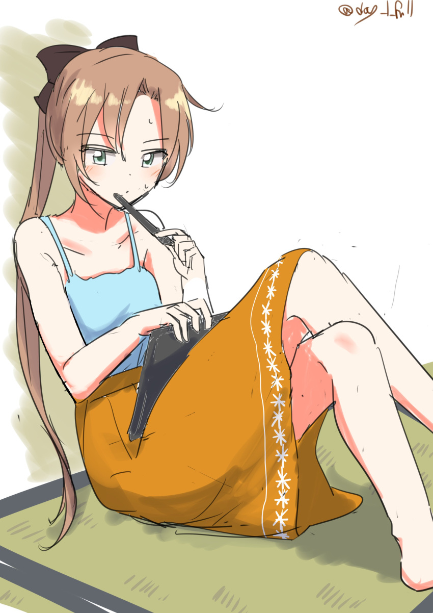 1girl absurdres against_wall akigumo_(kancolle) alternate_costume barefoot blue_camisole brown_hair camisole green_eyes hair_ribbon highres kantai_collection long_hair one-hour_drawing_challenge orange_skirt ponytail ribbon robinson_(day_l_full) simple_background sitting skirt solo stylus tablet_pc tatami twitter_username white_background