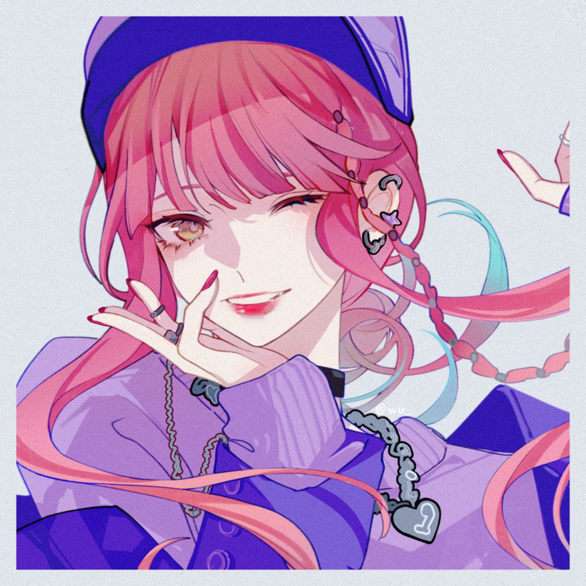 1other border brown_eyes earrings faulkner_anne grey_background grey_border heart highres jewelry long_hair multiple_earrings necklace one_eye_closed paradox_live purple_headwear purple_sweater red_nails redhead ring smile solo sweater teeth twitter_username wu_u