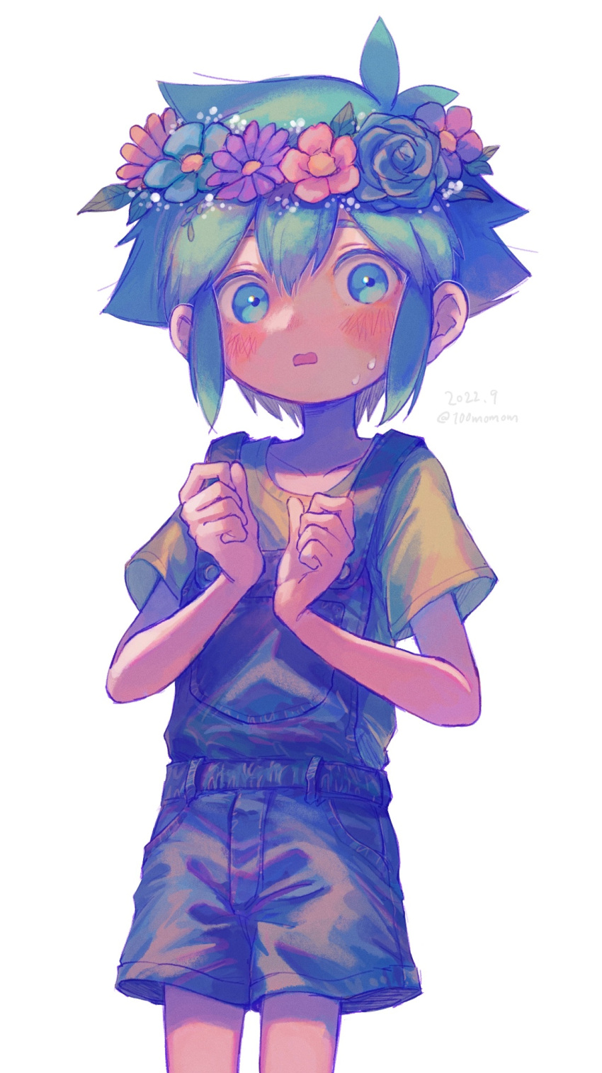 100momom 1boy basil_(omori) blue_overalls blush collarbone dated flower green_eyes green_hair head_wreath highres looking_at_viewer omori open_mouth overall_shorts overalls shirt short_hair simple_background solo sweat twitter_username white_background yellow_shirt