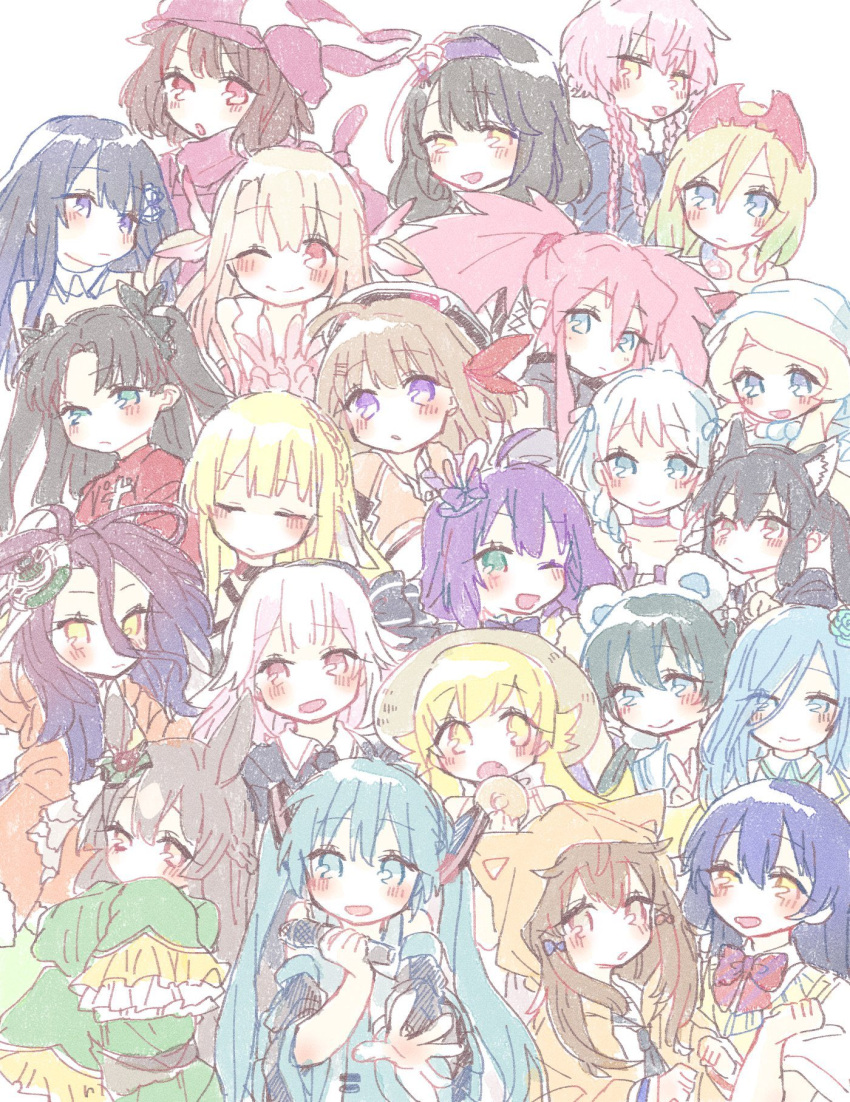 6+girls averting_eyes black_hair blonde_hair blue_eyes blue_hair blush_stickers cabbie_hat cha_ipride character_request closed_eyes closed_mouth copyright_request crossover facing_viewer fate/grand_order fate/kaleid_liner_prisma_illya fate_(series) followers_favorite_challenge graphite_(medium) green_eyes hat hatsune_miku highres hinomori_shizuku holding holding_microphone ichinose_rei idoly_pride illyasviel_von_einzbern llenn_(sao) long_bangs long_hair looking_at_viewer looking_to_the_side microphone multiple_drawing_challenge multiple_girls nagase_kotono no_game_no_life okuyama_sumire one_eye_closed open_mouth outstretched_arm pink_headwear presea_combatir project_sekai purple_hair saeki_haruko_(idoly_pride) satono_diamond_(umamusume) shuvi_(no_game_no_life) simple_background smile spiky_hair tales_of_(series) tales_of_symphonia tohsaka_rin traditional_media twintails two_side_up umamusume vocaloid white_background
