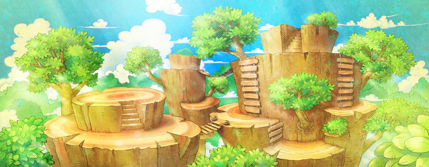 artist_request blue_sky clouds commentary day english_commentary forest fushigi_no_dungeon game_cg light_particles light_rays nature no_humans official_art outdoors pokemon pokemon_(game) pokemon_mystery_dungeon rope_bridge rope_ladder scenery sky stairs sunlight third-party_source tree tree_stump treetops wide_shot