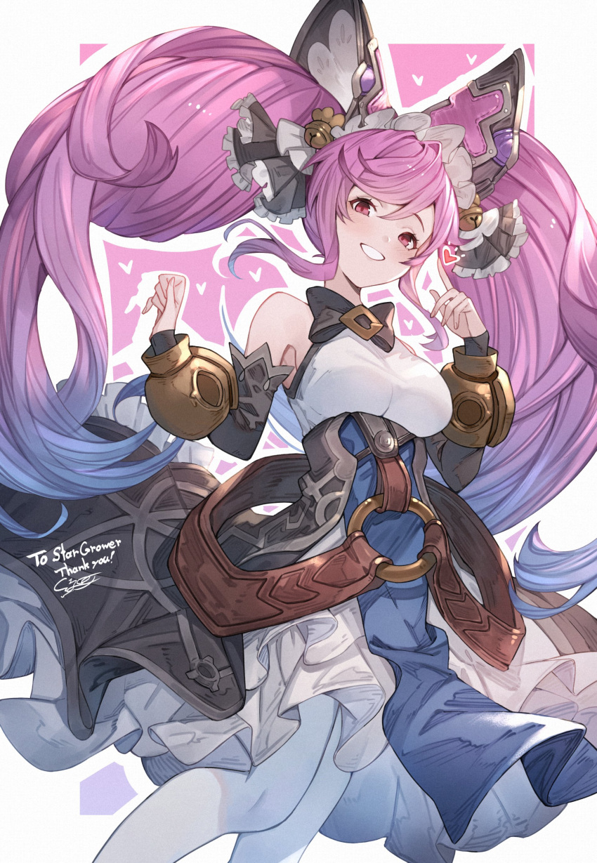 1girl absurdres ayacho bare_shoulders bell blue_hair cleo_(dragalia_lost) detached_sleeves dragalia_lost dress hair_bell hair_between_eyes hair_ornament heart highres long_hair looking_at_viewer multicolored_hair pink_hair smile solo thigh-highs twintails two-tone_hair very_long_hair white_thighhighs