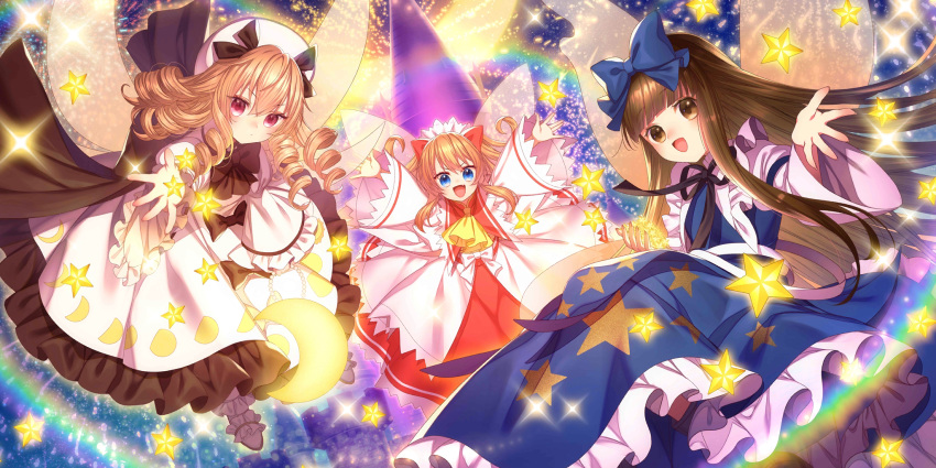 3girls :d \||/ aerial_fireworks arms_up ascot black_bow black_ribbon blonde_hair blue_bow blue_dress blue_eyes blunt_bangs blush bow brown_eyes brown_hair collared_shirt dress drill_hair fang fireworks frilled_dress frilled_shirt_collar frills full_body hair_bow hat highres kamui_natsuki long_hair long_sleeves looking_at_viewer luna_child moon_phases moon_print multiple_girls neck_ribbon non-web_source official_art open_mouth outstretched_arms rainbow red_bow red_dress red_eyes ribbon second-party_source shirt sleeveless sleeveless_dress smile star_(symbol) star_print star_sapphire sunny_milk tongue touhou touhou_lost_word tower two-tone_dress v-shaped_eyebrows very_long_hair white_bow white_dress white_headwear white_shirt wide_sleeves yellow_ascot