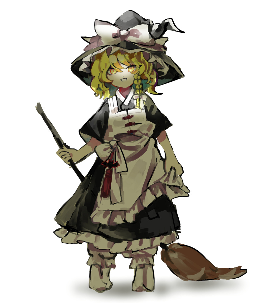 1girl absurdres black_dress blonde_hair braid broom commentary_request dress full_body grin hair_ribbon hanbok hat highres holding holding_broom kirisame_marisa korean_clothes looking_at_viewer medium_hair nunrb ribbon shadow simple_background smile solo standing straight-on touhou tress_ribbon white_background witch_hat yellow_eyes