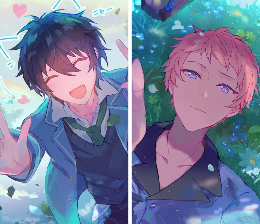 2boys absurdres black_sweater_vest blazer blue_jacket bug butterfly buttons closed_eyes closed_mouth collared_shirt commentary ensemble_stars! facing_viewer fang flower grass green_necktie grey_hair hair_between_eyes heart highres itsuki_shu jacket kagehira_mika lapels long_sleeves looking_at_viewer lying male_focus multiple_boys necktie on_back open_mouth outdoors pink_hair school_uniform shirt short_bangs short_hair smile sweater_vest symbol-only_commentary tirutiru_bee upper_body valkyrie_(ensemble_stars!) violet_eyes yumenosaki_school_uniform