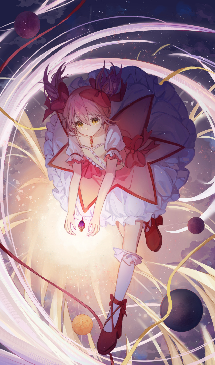 1girl absurdres bow bubble_skirt clouds collarbone dress floating floating_object footwear_bow frilled_skirt frilled_sleeves frilled_socks frills full_body glowing hair_bow highres kaname_madoka lan_su leaning_forward looking_at_viewer magical_girl mahou_shoujo_madoka_magica mahou_shoujo_madoka_magica_(anime) outstretched_arms pink_dress planet puffy_short_sleeves puffy_sleeves red_footwear running shoes short_hair short_sleeves short_twintails skirt smile socks solo soul_gem twintails white_skirt white_socks yellow_eyes