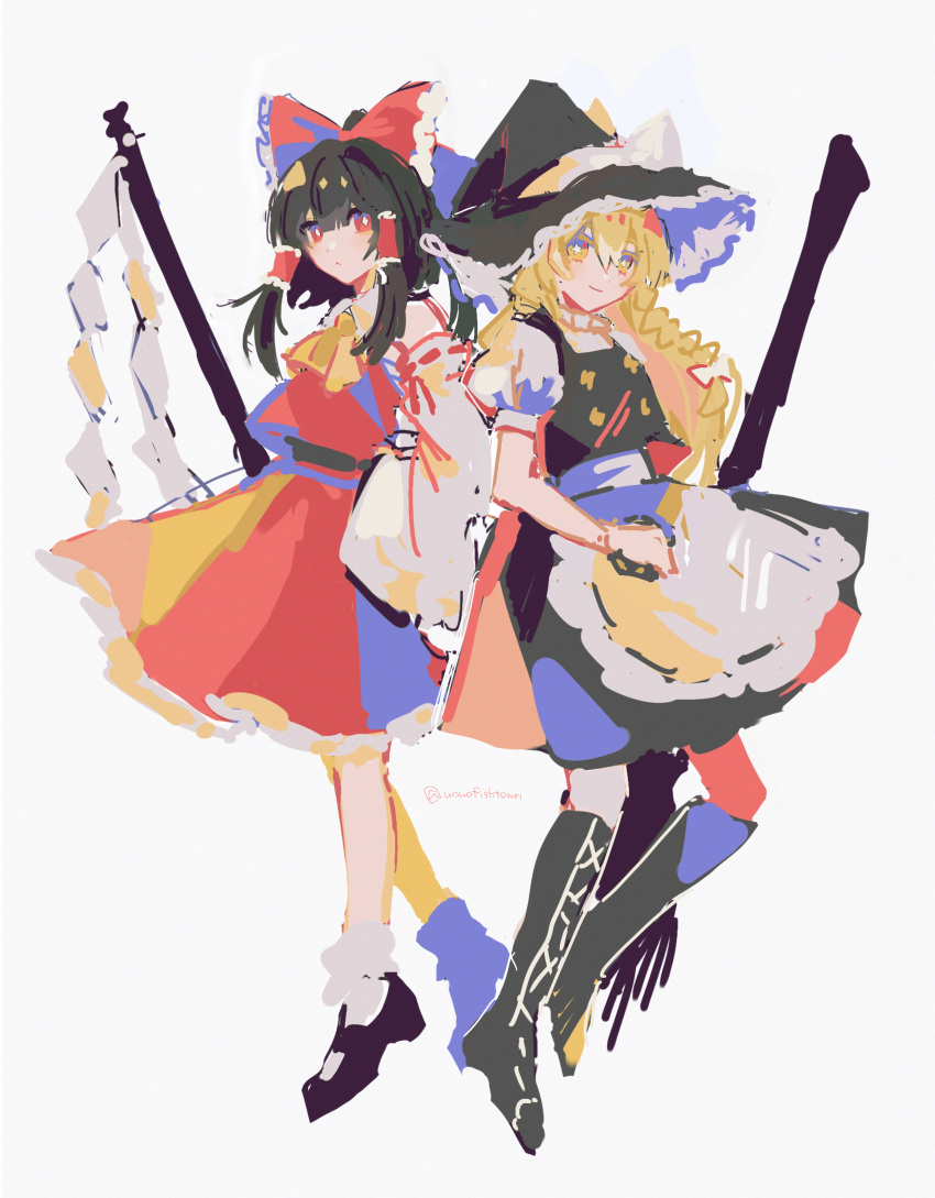 2girls absurdres ascot bare_shoulders black_skirt black_vest bobby_socks boots bow braid broom commentary_request detached_sleeves frilled_bow frilled_hair_tubes frills full_body gohei hair_bow hair_tubes hakurei_reimu hat highres holding holding_broom holding_stick kirisame_marisa knee_boots long_hair long_sleeves mary_janes multiple_girls red_skirt red_vest shoes simple_background single_braid skirt skirt_set socks stick touhou uouofishtown very_long_hair vest white_background wide_sleeves witch_hat yellow_ascot