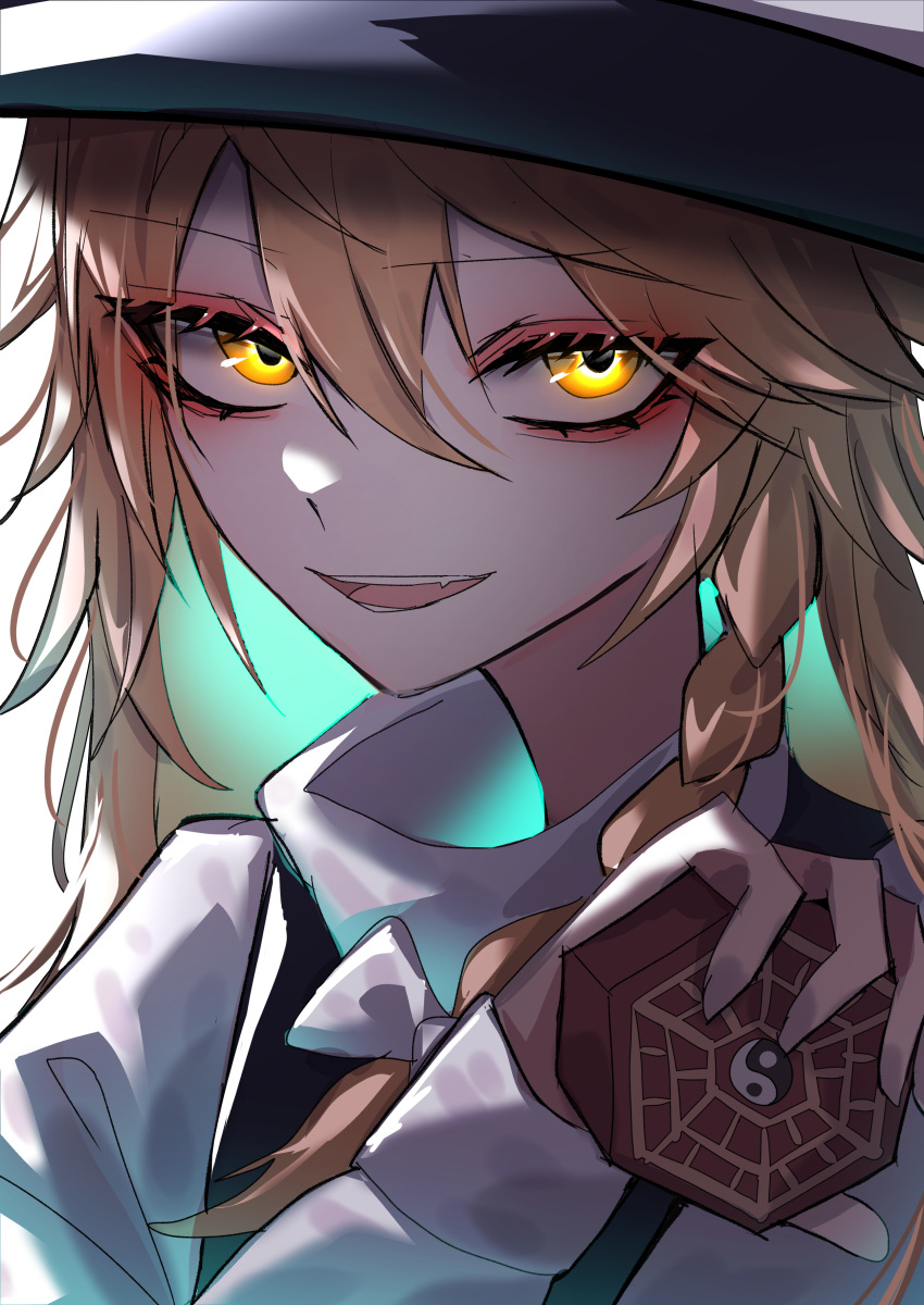 1girl 33_gaff absurdres black_headwear blonde_hair braid commentary highres holding kirisame_marisa long_sleeves looking_at_viewer mini-hakkero one-hour_drawing_challenge open_mouth side_braid single_braid smile solo touhou upper_body yellow_eyes