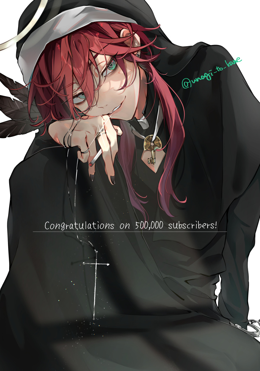 1boy absurdres aqua_eyes black_feathers cigarette cross cross_necklace crossdressing feathers halo highres holding holding_cigarette jewelry lauren_iroas male_focus multicolored_hair necklace nijisanji purple_hair redhead smile smoking solo teeth traditional_nun twitter_username unagi_to_kame white_background