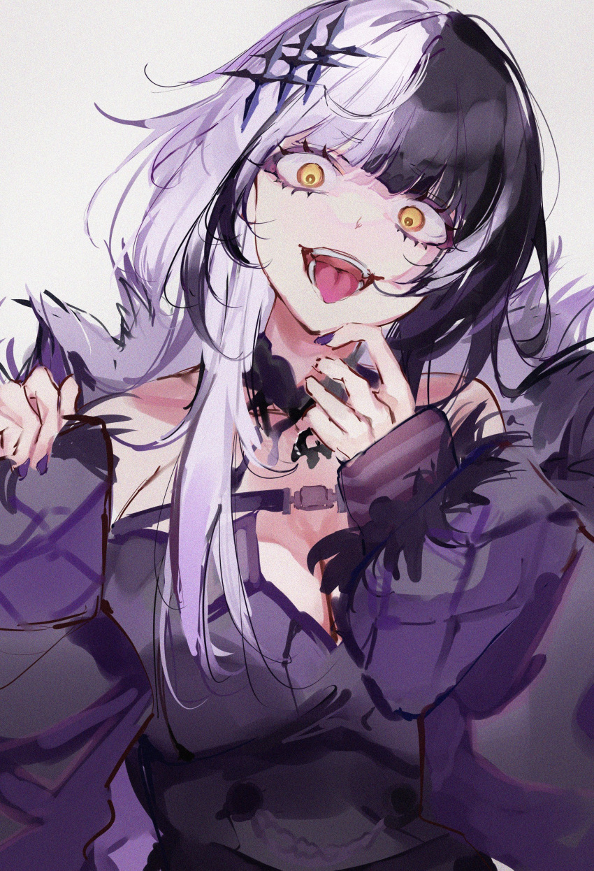 1girl absurdres black_choker black_coat black_dress black_hair black_nails choker coat dress fur-trimmed_coat fur_trim hair_ornament highres hololive hololive_english mile_(off8mile) multicolored_hair off_shoulder open_mouth shiori_novella simple_background smile solo two-tone_hair virtual_youtuber white_background white_hair yellow_eyes