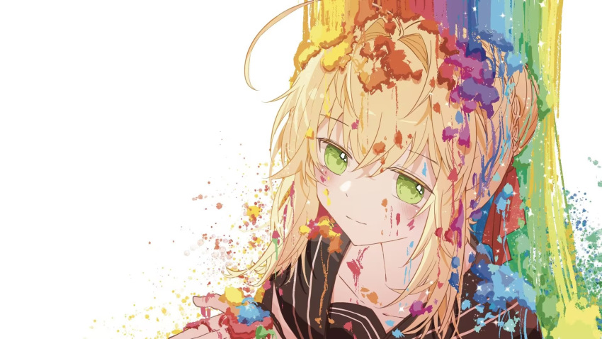 1girl ahoge black_sailor_collar black_shirt blonde_hair blush braid closed_mouth collarbone colorful dot_nose fate/grand_order fate_(series) green_eyes hair_between_eyes hair_intakes half_updo highres long_hair looking_at_viewer nero_claudius_(fate) open_hand paint_on_body paint_on_clothes paint_splatter portrait rainbow raised_eyebrows sailor_collar school_uniform serafuku shirt sidelocks simple_background smile solo straight_hair sunfish3939 white_background