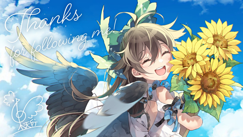 1girl :d back backless_shirt bird_wings black_wings blue_sky blush bow brown_hair cape closed_eyes clouds commentary_request feathered_wings flower frilled_shirt frills green_bow hair_between_eyes hair_bow holding holding_flower long_bangs long_hair open_mouth reiuji_utsuho round_teeth shirt sky smile solo sunflower teeth touhou toutenkou upper_body upper_teeth_only white_cape white_shirt wings yellow_flower