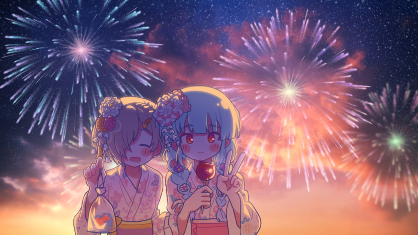 2girls absurdres bag bangs_pinned_back blue_hair blush_stickers braid candy candy_apple evening facing_viewer fireworks floral_print food grey_hair hair_ornament hair_over_one_eye hair_over_shoulder hairclip hand_up highres holding holding_bag holding_candy holding_food hyodou_shizuku idoly_pride japanese_clothes kabotd kanzashi kimono kinchaku long_bangs looking_at_viewer low_twintails multiple_girls obi one_eye_covered pink_kimono pouch print_kimono red_eyes sash shiraishi_chisa side-by-side sky space star_(sky) starry_sky twin_braids twintails upper_body v yukata