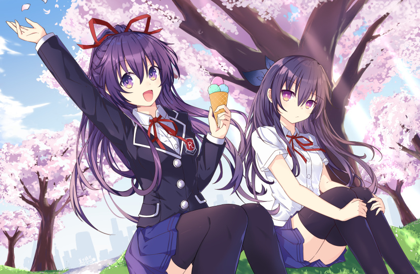 2girls absurdres blue_sky bow cherry_blossoms city date_a_live food grass hair_bow hand_up highres holding_ice_cream_cone ice_cream ice_cream_cone light_rays long_hair looking_at_viewer multiple_girls open_mouth purple_hair raizen_high_school_uniform red_ribbon ribbon school_uniform seventh-natsu sidelocks sky smile straight_hair thigh-highs tree uniform violet_eyes yatogami_tenka yatogami_tooka