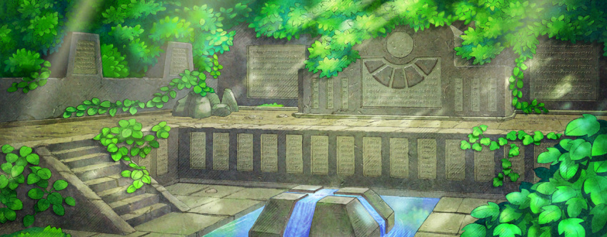 artist_request bush commentary day english_commentary engraved fushigi_no_dungeon game_cg ivy light_rays no_humans official_art outdoors pokemon pokemon_(game) pokemon_mystery_dungeon ruins runes scenery stairs sunlight third-party_source water wide_shot