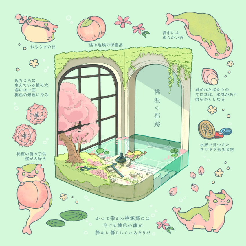 animal cherry_blossoms cherry_tree flower food fruit grass highres indoors leaf lily_pad moss mouth_hold no_humans open_mouth original peach pink_flower stairs stone_stairs tree water window yuhachi
