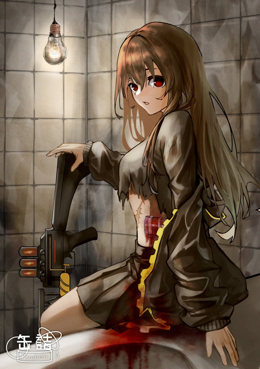 1girl assault_rifle bandaid blood blood_on_clothes breasts brown_hair deep_wound gun highres injury kandume_ma light_bulb long_hair looking_at_viewer marfusha marfusha_(marfusha) medium_breasts parted_lips red_eyes rifle scar sitting solo torn_clothes weapon