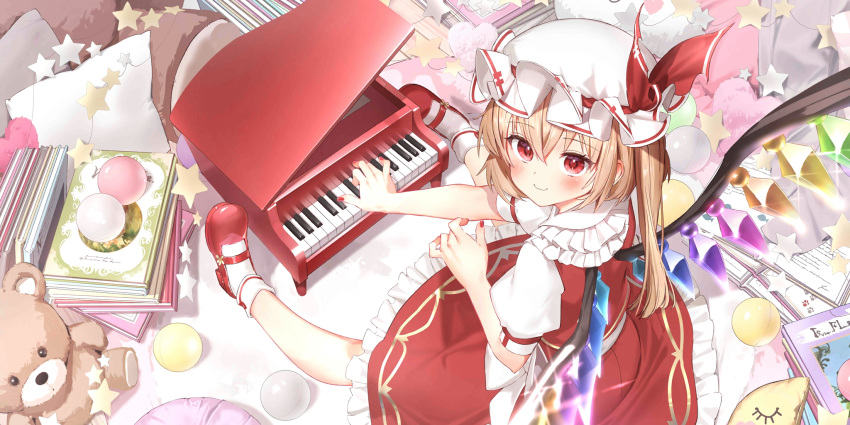 1girl :3 ball blonde_hair blush book book_stack bow closed_mouth crystal fingernails flandre_scarlet frilled_shirt_collar frilled_skirt frills full_body hair_between_eyes hat hat_bow highres instrument looking_at_viewer looking_back looking_up mary_janes mini_piano mob_cap music nail_polish non-web_source official_art open_book piano playing_instrument playing_piano puffy_short_sleeves puffy_sleeves red_bow red_eyes red_footwear red_nails red_skirt red_vest ryota_(ry_o_ta) second-party_source shirt shoes short_sleeves side_ponytail sitting skirt skirt_set socks solo stuffed_animal stuffed_toy teddy_bear touhou touhou_lost_word vest white_headwear white_shirt white_socks wings