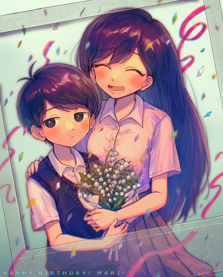 1boy 1girl black_eyes black_hair black_sweater_vest blush bouquet character_name closed_mouth collared_shirt confetti expressionless flower happy_birthday highres holding holding_bouquet hyaku_(momongamomomo) long_hair looking_at_viewer lower_teeth_only mari_(omori) omori open_mouth pleated_skirt red_skirt shirt short_hair skirt smile sunny_(omori) sweater_vest teeth tongue white_shirt