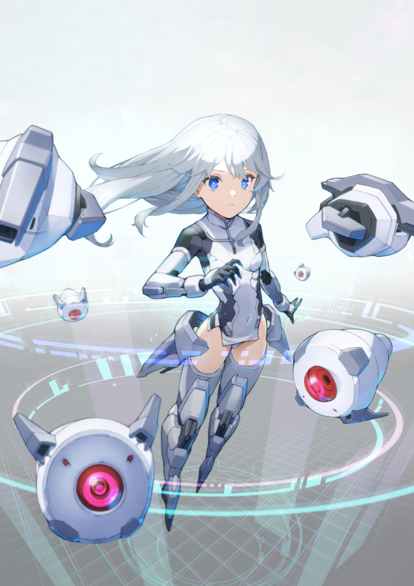 1girl aged_down alice_gear_aegis blue_eyes closed_mouth commentary_request floating floating_object highres karappo_(keith8387) kondou_chieri leotard mecha_musume solo white_hair white_leotard