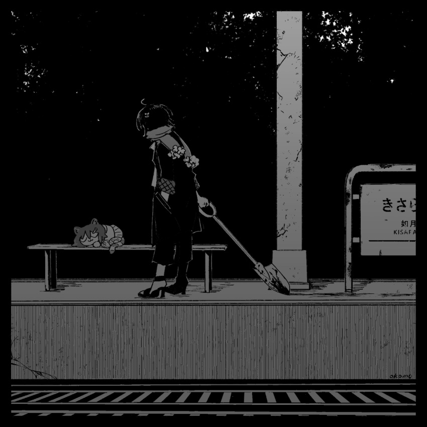 2girls :3 ahoge animal_ears bench blood character_request closed_eyes closed_mouth dark facing_away full_body greyscale hand_in_pocket high_heels highres holding holding_shovel long_sleeves monochrome multiple_girls night okomeumapi on_bench outdoors pillar railroad_tracks scarf short_hair shovel sign sleeping standing tail train_station_platform