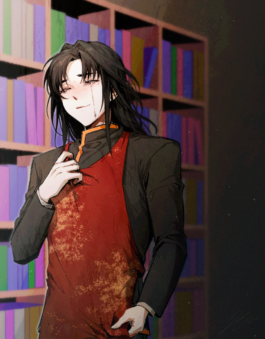 1boy apron black_background black_hair black_shirt bookshelf closed_eyes closed_mouth crying hand_on_own_chest happy_tears highres holding holding_clothes kimi_ga_shine long_hair long_sleeves male_focus parted_bangs red_apron saesoon_dobby satou_kai shirt smile solo tears upper_body