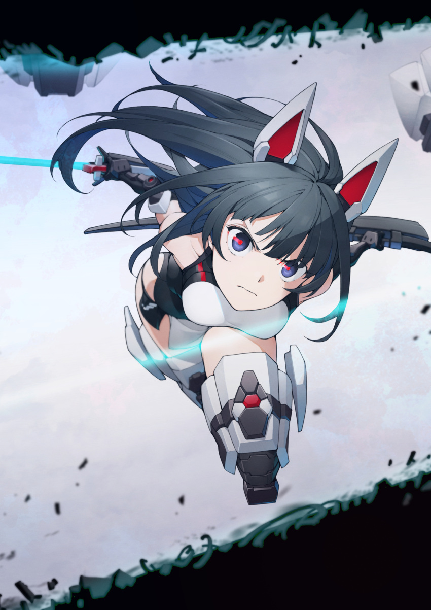 1girl agatsuma_kaede alice_gear_aegis black_eyes black_hair black_leotard closed_mouth commentary_request eye_trail highres holding holding_sword holding_weapon karappo_(keith8387) leotard light_trail mechanical_arms mechanical_legs slashing solo sword weapon