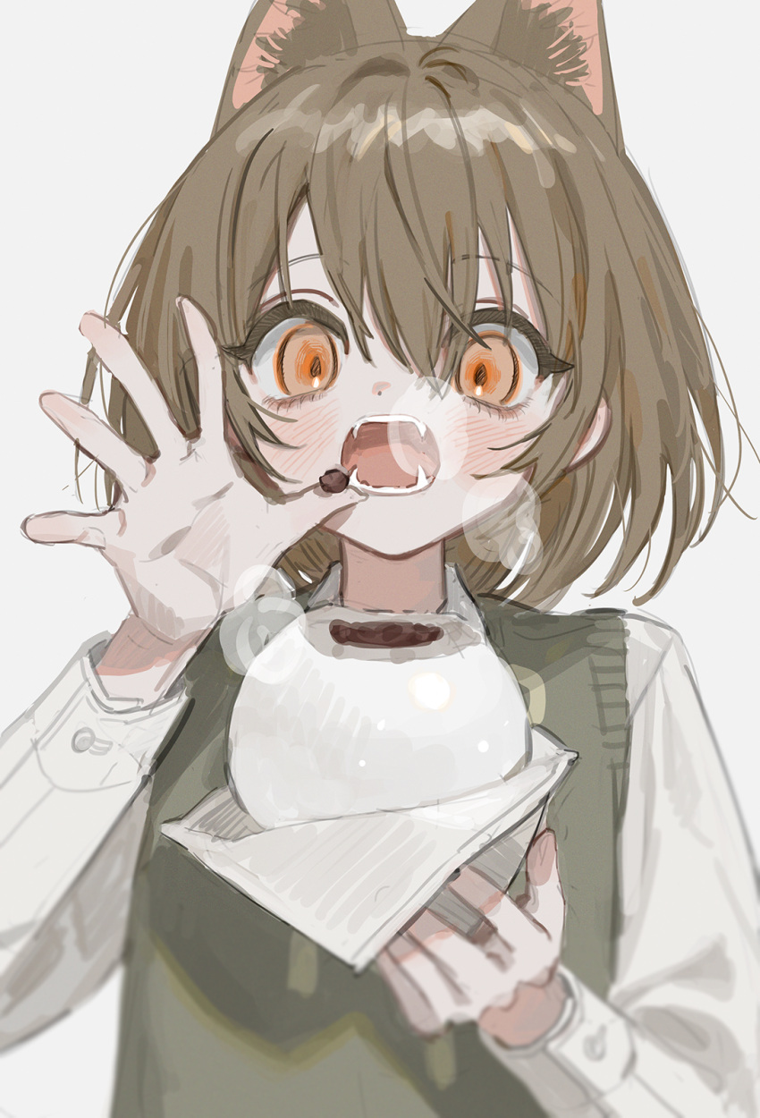 1girl animal_ears blush bob_cut bread_bun brown_hair buttoned_cuffs collared_shirt commentary dot_nose fangs food fox_ears fox_girl frost_fog green_sweater_vest hair_between_eyes highres holding holding_food long_sleeves looking_at_viewer medium_hair open_mouth orange_eyes original raised_eyebrows red_bean_paste shirt sidelocks simple_background solo straight-on sweater_vest symbol-only_commentary teeth upper_body white_background