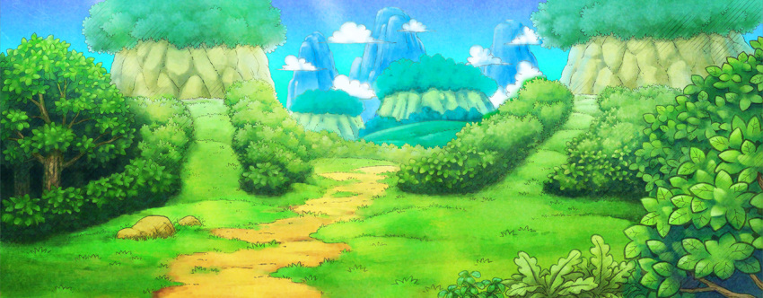 artist_request blue_sky bush clouds commentary day english_commentary fushigi_no_dungeon game_cg grass light_rays mountain no_humans official_art outdoors path pokemon pokemon_(game) pokemon_mystery_dungeon road scenery sky sunlight third-party_source tree wide_shot