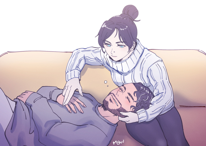 1boy 1girl animification apex_legends black_hair black_leggings blush closed_eyes couch couple english_commentary facial_hair goatee grey_pants grey_sweater hair_bun hand_on_another's_cheek hand_on_another's_face hetero highres lap_pillow leggings looking_down marssandwich mirage_(apex_legends) nose_piercing pants parted_bangs piercing ribbed_sweater single_hair_bun sleeping sleeves_past_wrists smile sweater turtleneck turtleneck_sweater white_background wraith_(apex_legends)