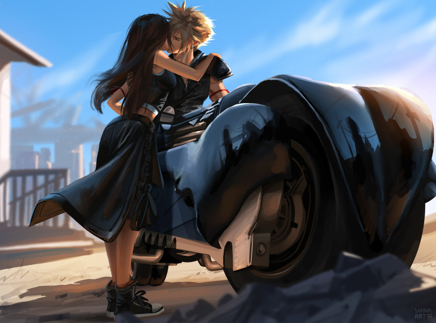 1boy 1girl absurdres apron arm_ribbon bare_shoulders black_apron black_footwear black_hair black_shorts black_vest blonde_hair blue_sky building closed_eyes cloud_strife clouds cloudy_sky commentary couple crop_top earrings english_commentary final_fantasy final_fantasy_vii final_fantasy_vii_advent_children full_body hand_on_another's_shoulder highres jewelry kiss long_hair midriff_peek motor_vehicle motorcycle on_motorcycle outdoors popped_collar red_ribbon ribbon safaiaart shirt shorts single_shoulder_pad sky sleeveless sleeveless_shirt spiky_hair standing stud_earrings tank_top tifa_lockhart vest waist_apron white_tank_top zipper