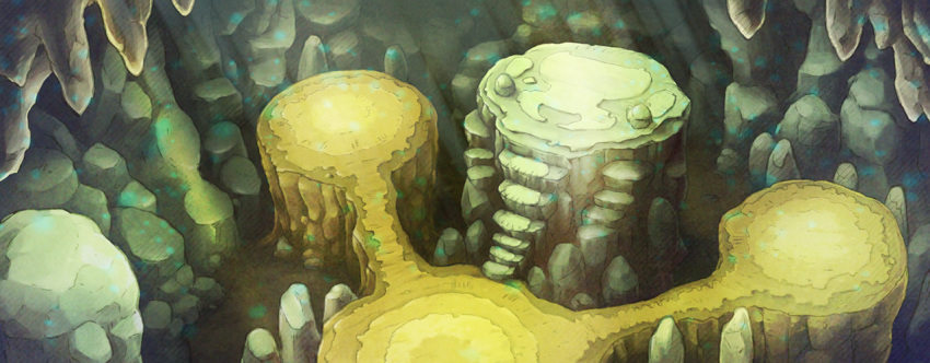 artist_request cave cave_interior commentary english_commentary fushigi_no_dungeon game_cg light_particles light_rays no_humans official_art pokemon pokemon_(game) pokemon_mystery_dungeon rock scenery stairs stalactite third-party_source wide_shot
