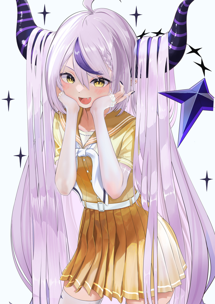 1girl absurdres black_nails blush demon_girl demon_horns grey_hair highres hololive horns hxk4_n la+_darknesss looking_at_viewer multicolored_hair nail_polish pleated_skirt purple_hair ribbon sailor_collar school_uniform simple_background skirt smile solo streaked_hair thigh-highs white_background white_ribbon white_thighhighs yellow_eyes yellow_sailor_collar yellow_skirt