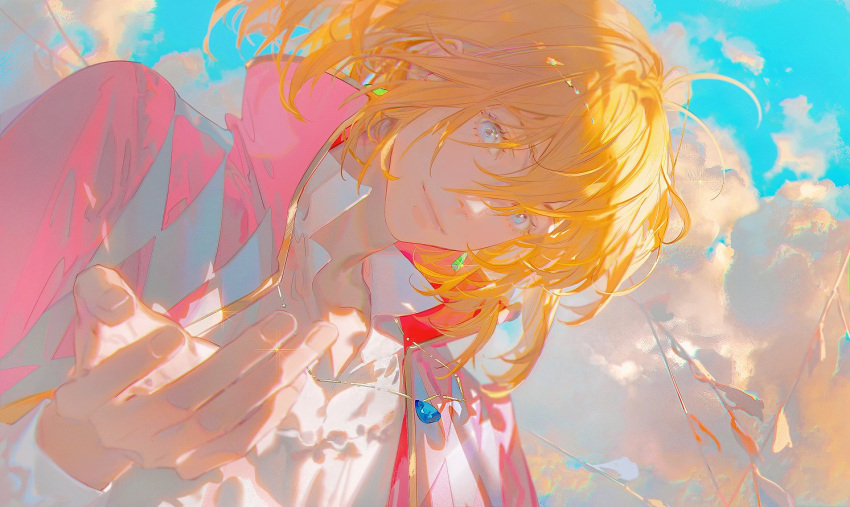 1boy antenna_hair argyle argyle_coat blonde_hair blue_eyes blue_sky checkered_clothes closed_mouth clouds coat crystal_earrings earrings eyelashes floating_hair glowing hair_between_eyes high_collar howl_(howl_no_ugoku_shiro) howl_no_ugoku_shiro jewelry light looking_at_viewer male_focus medium_hair mian_lang necklace open_clothes open_coat reaching reaching_towards_viewer red_coat shirt sidelocks sky smile solo sparkle upper_body white_shirt wind