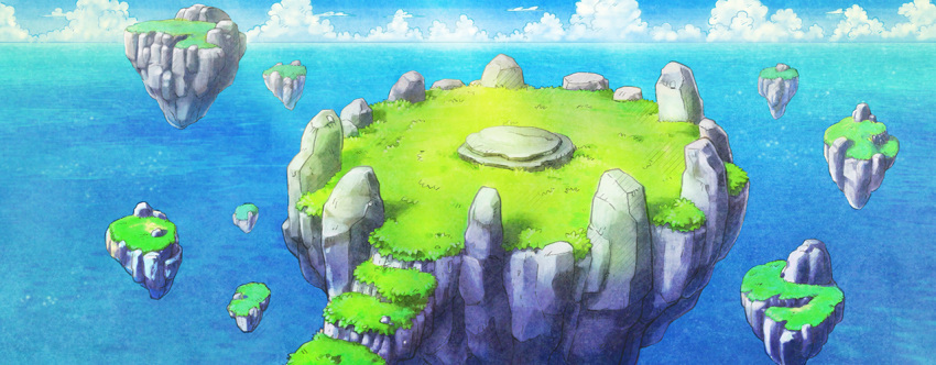 artist_request blue_background blue_sky clouds commentary day english_commentary floating_island fushigi_no_dungeon game_cg grass horizon no_humans ocean official_art outdoors pokemon pokemon_(game) pokemon_mystery_dungeon rock scenery sky stairs third-party_source wide_shot
