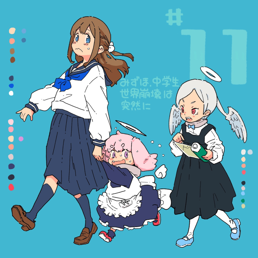 3girls angel_wings apron back_bow blue_background blue_eyes blue_footwear blue_neckerchief blue_shirt blue_socks bow bow_choker brown_footwear brown_hair choker color_guide comic_cover copyright_request dress flying_sweatdrops frilled_apron frilled_dress frills hair_ornament halo highres holding_hands karaagetarou long_hair long_sleeves looking_at_another multiple_girls neckerchief numbered open_mouth pink_hair pointing red_eyes red_footwear school_uniform serafuku sharp_teeth shirt shoes short_hair simple_background socks sweatdrop teeth translation_request violet_eyes white_shirt wings